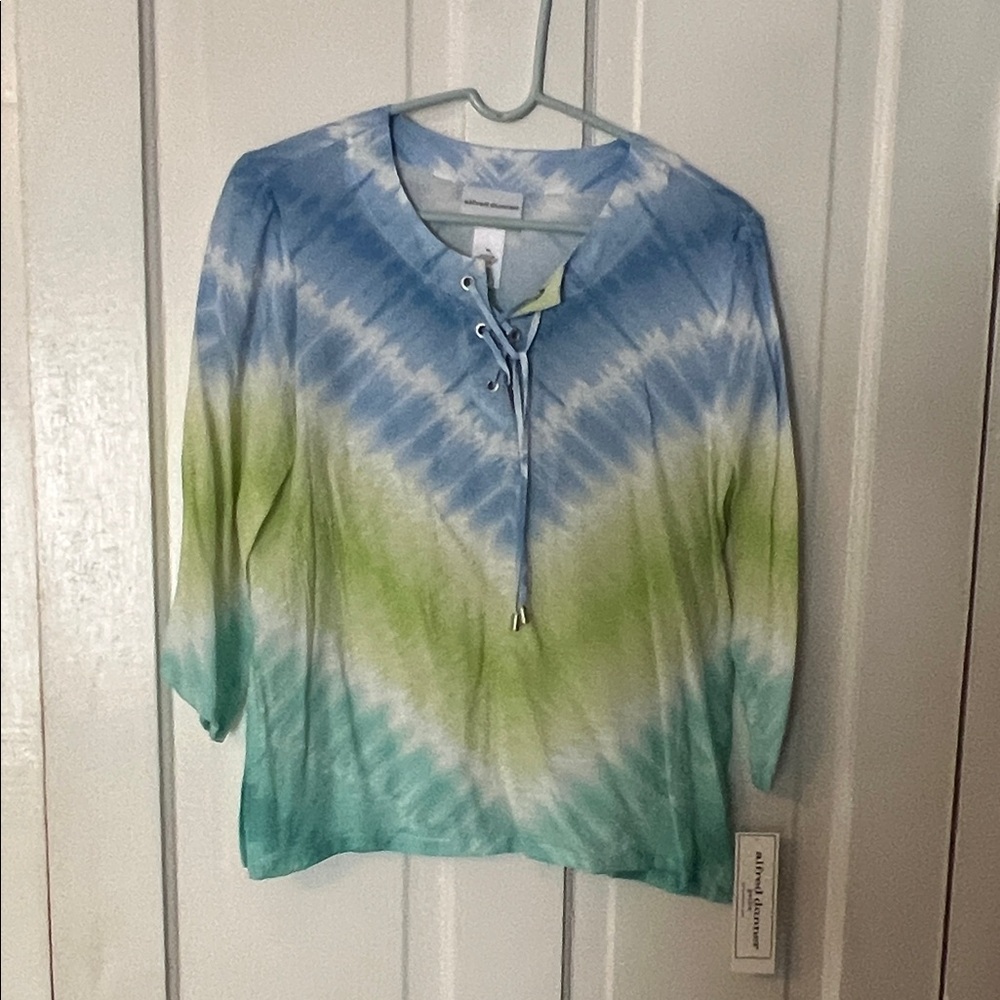 Alfred Dunner Tie-Dye Lace-Up V-Neck Top - Blue, Green, Teal